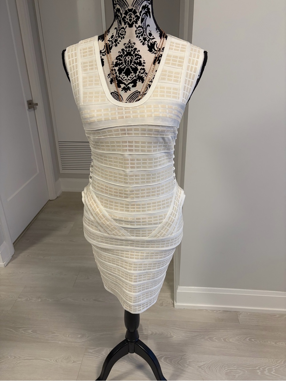 House of CB Ivory Grid-Texture Mini Sheath Dress
